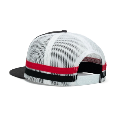 Left side image of the Striped Trucker Cap with Mercury Marine Patch on the front