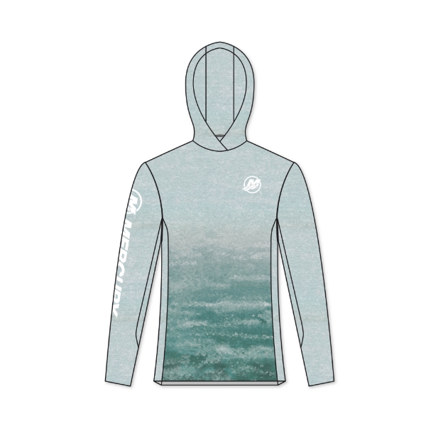 Textured Light Blue hooded performance shirt with white Mercury Marine logo on left chest and sleeve