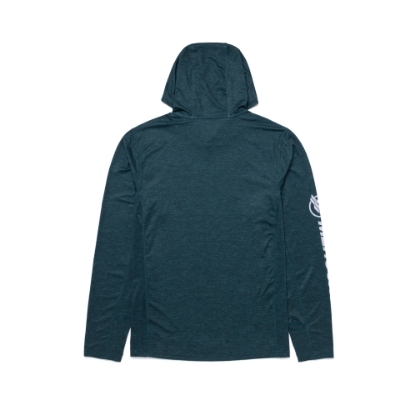 Dark green hooded performance shirt with white Mercury Marine graphic on left chest and on sleeve