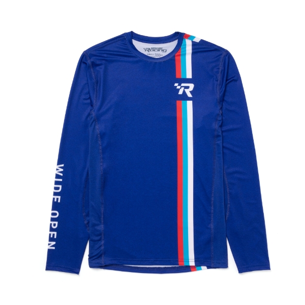 Red, white, Royal Blue and light blue performance long sleeve with Mercury Racing logo on left chest and words WIDE OPEN on right sleeve