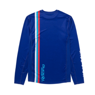 Red, white, Royal Blue and light blue performance long sleeve with Mercury Racing logo on left chest and words WIDE OPEN on right sleeve