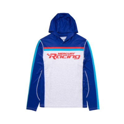 Red, white, Royal Blue and light blue hooded performance shirt with