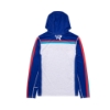 back view of Red, white, Royal Blue and light blue hooded performance shirt with Mercury Racing logo on locker patch of shirt