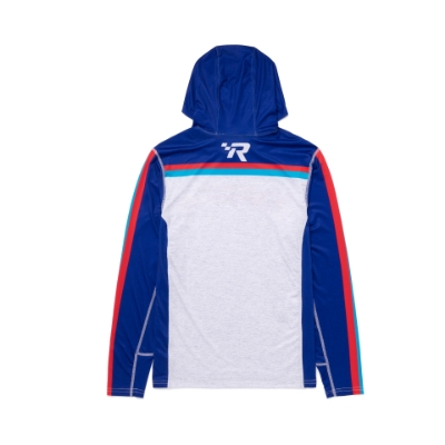 Red, white, Royal Blue and light blue hooded performance shirt with