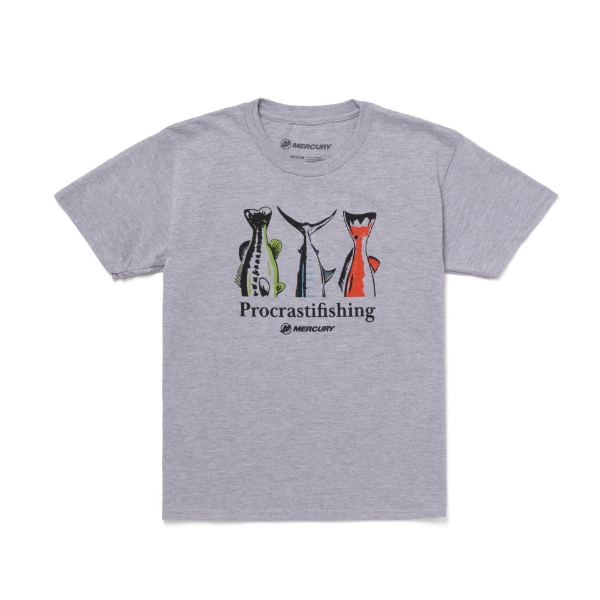 Image of the Youth Fishing Tee with black Mercury text and icon graphic on the full front