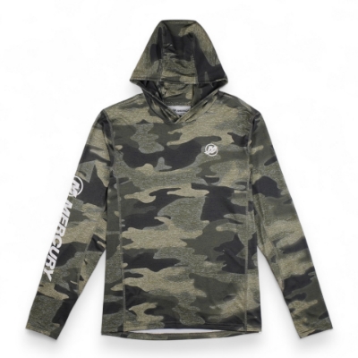 Pine camo heather hooded performance shirt with white Mercury Marine graphic on left chest and on right sleeve
