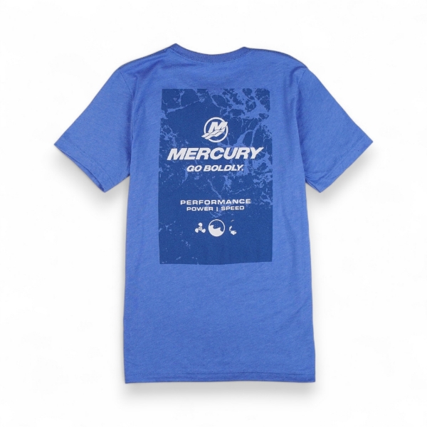 Image of the Splash Tee with Blue watercolor graphic and Mercury logo on the back