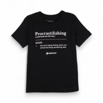 Image of the Black Procrastifishing Tee with Mercury logo and Text Graphic on the front