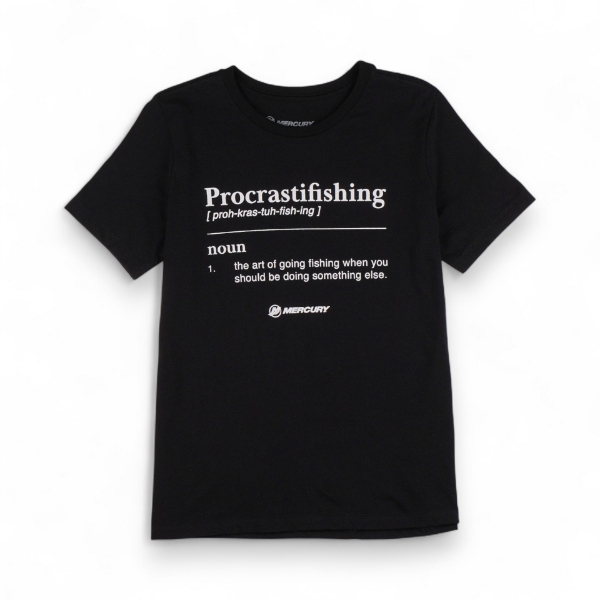 Image of the Black Procrastifishing Tee with Mercury logo and Text Graphic on the front