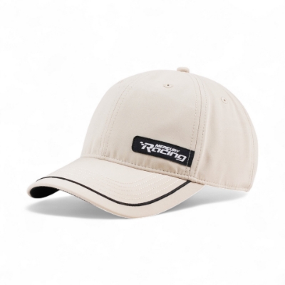 Left view image of the Mercury Racing Tan Emblem Hat with a Mercury Racing patch on the front left.