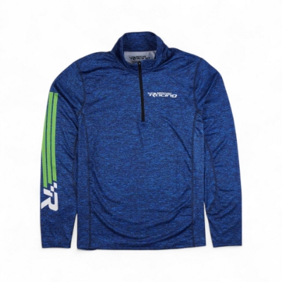 Front image of the Navy Mercury Racing Long Sleeve Performance Shirt features a "Mercury Racing" logo on the chest and a "R" logo with green stripes on the left sleeve.