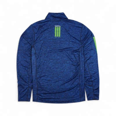 Front image of the Navy Mercury Racing Long Sleeve Performance Shirt features a "Mercury Racing" logo on the chest and a "R" logo with green stripes on the left sleeve.