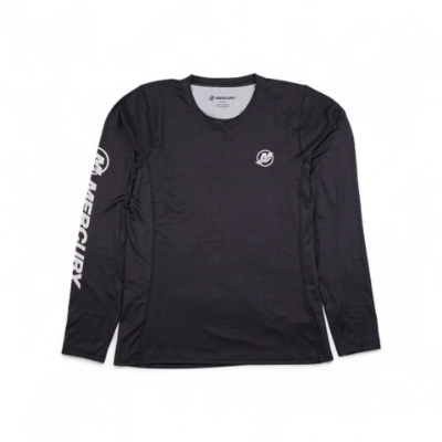 Front image of the Black Womens Long Sleeve Performance Shirt with the Mercury logo and text on the right sleeve and another logo on the left chest