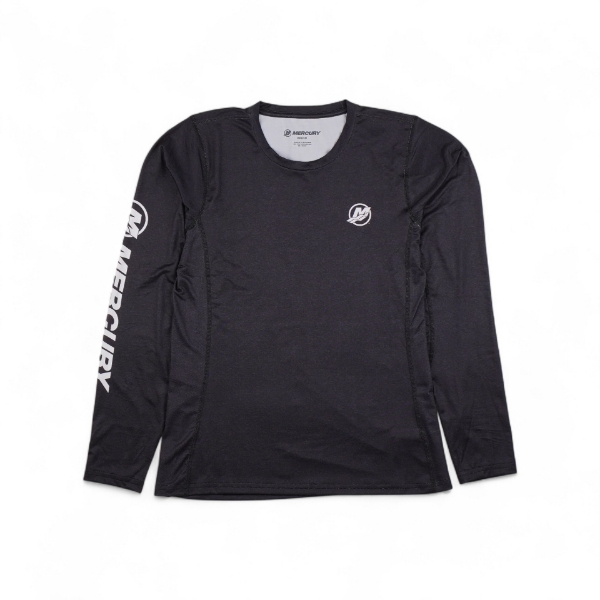 Front image of the Black Womens Long Sleeve Performance Shirt with the Mercury logo and text on the right sleeve and another logo on the left chest