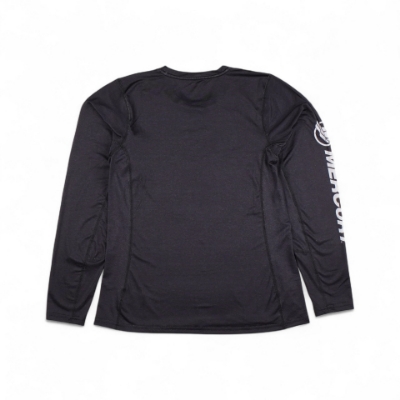 Front image of the Black Womens Long Sleeve Performance Shirt with the Mercury logo and text on the right sleeve and another logo on the left chest