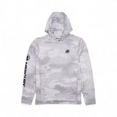 Front image of the Siberian Camo Hooded Performance Shirt with Mercury logo and text on the right sleeve and another Mercury logo on the left chest