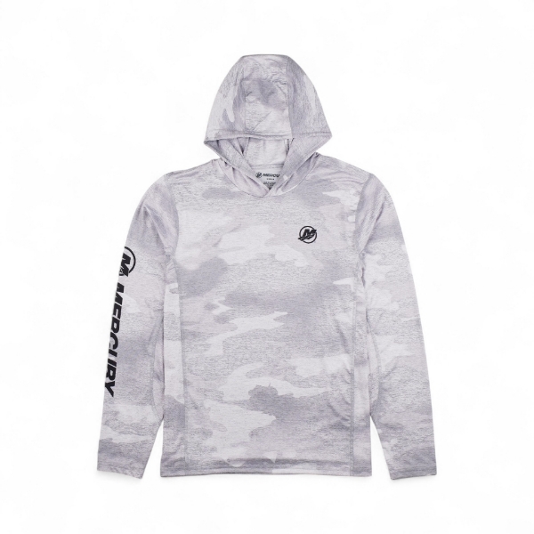 Front image of the Siberian Camo Hooded Performance Shirt with Mercury logo and text on the right sleeve and another Mercury logo on the left chest