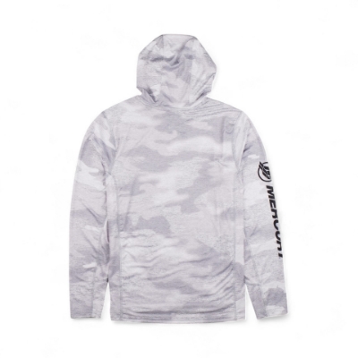 Front image of the Siberian Camo Hooded Performance Shirt with Mercury logo and text on the right sleeve and another Mercury logo on the left chest