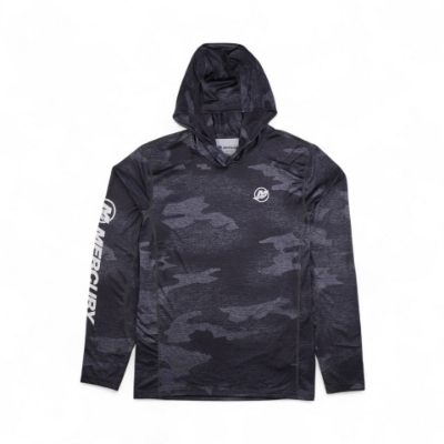 Front image of the Graphite Camo Hooded Performance Shirt with Mercury Text and Logo on the right sleeve and another Mercury logo on the left chest