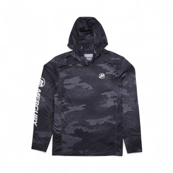 Front image of the Graphite Camo Hooded Performance Shirt with Mercury Text and Logo on the right sleeve and another Mercury logo on the left chest