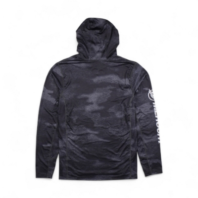Front image of the Graphite Camo Hooded Performance Shirt with Mercury Text and Logo on the right sleeve and another Mercury logo on the left chest