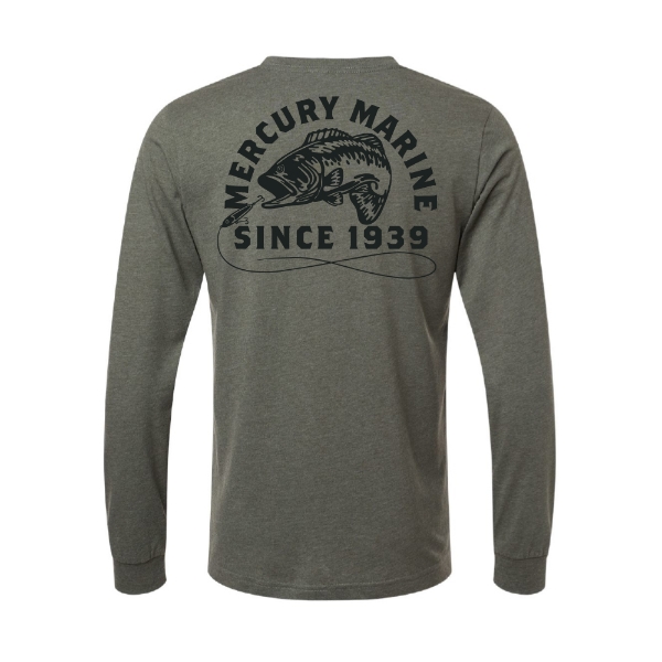 Mercury Marine Outfitter Long Sleeve green back view with large fishing graphic and “Since 1939” text