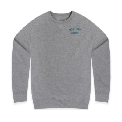 Front view of grey Mercury Marine Script Sweatshirt with small script logo on chest.