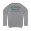 Back view of grey Mercury Marine Script Sweatshirt with large Mercury Marine script and “On the Water Since 1939.”