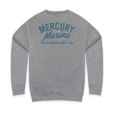 Front view of grey Mercury Marine Script Sweatshirt with small script logo on chest.