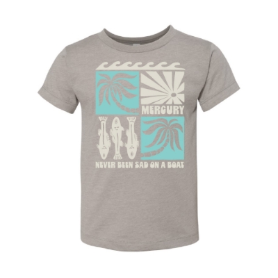 Mercury Marine Youth Script Tee gray front view with coastal graphic and “Never Been Sad on a Boat” text