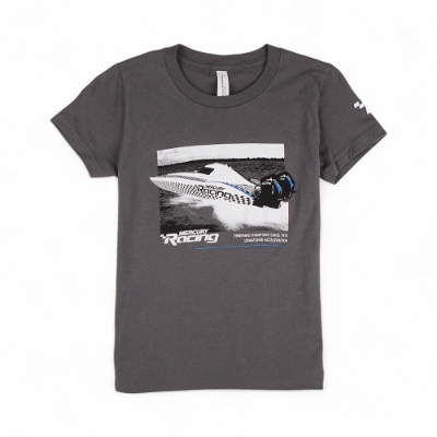 Gray youth tee with Mercury Racing powerboat graphic