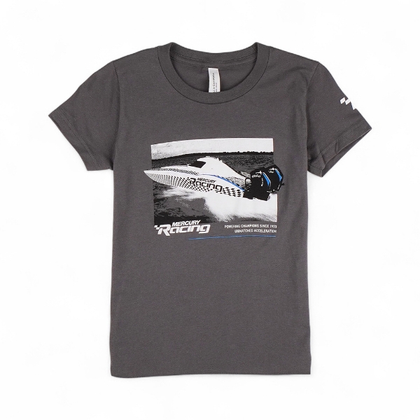 Gray youth tee with Mercury Racing powerboat graphic