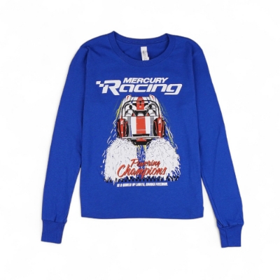Blue youth long sleeve tee with Mercury Racing boat graphic