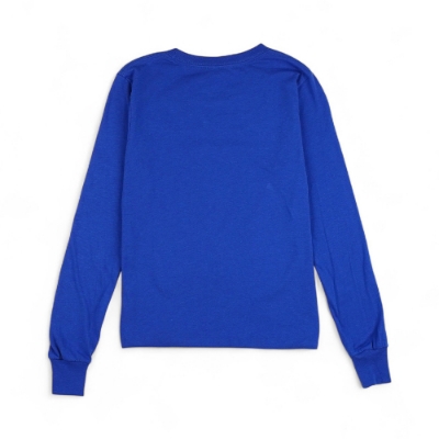 Blue youth long sleeve tee with Mercury Racing boat graphic