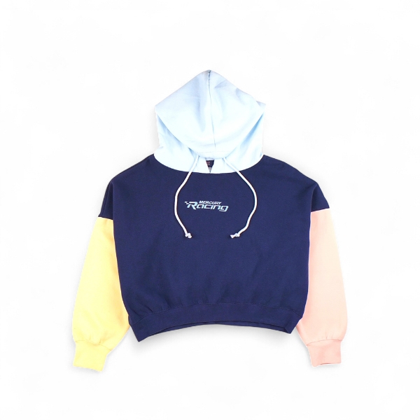 Mercury Racing Women’s Crop Hoodie – Front View with Logo and Colorblock Sleeves