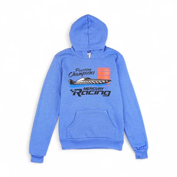 Blue youth hoodie with Mercury Racing retro graphic