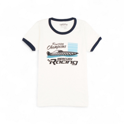 Women's Tee with retro Mercury Racing logo featuring a boat