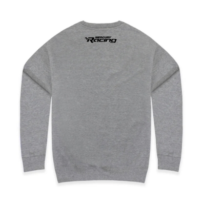 Gray WOT Crewneck with image of boat and Mercury Racing logo