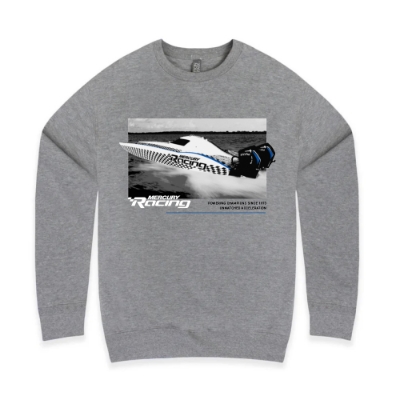Gray WOT Crewneck with image of boat and Mercury Racing logo