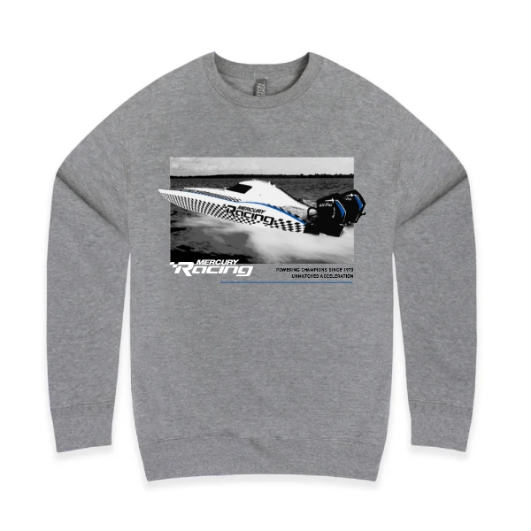 Gray WOT Crewneck with image of boat and Mercury Racing logo