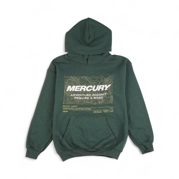 Mercury Marine Youth Precision Hoodie forest green front view with bold adventure graphic