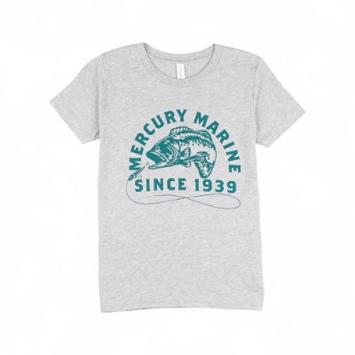 Mercury Marine Youth Outfitters Tee heather gray front view with fishing graphic and “Since 1939” text