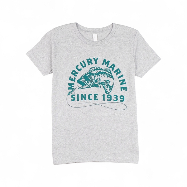 Mercury Marine Youth Outfitters Tee heather gray front view with fishing graphic and “Since 1939” text