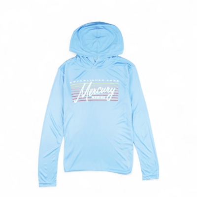 Mercury Marine Youth Retro Performance Hoodie sky blue front view with retro graphic
