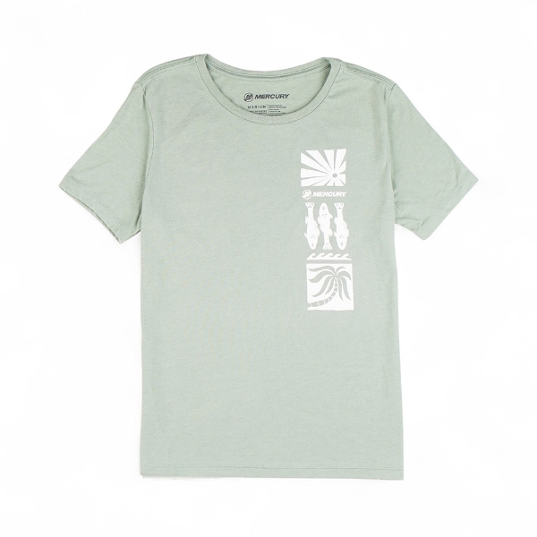 Mercury Marine Women’s Sunset Tee sage front view with vertical block graphic