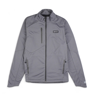 Mercury Marine OGIO Performance Soft Shell Jacket gray front view with chest logo and waterproof zipper