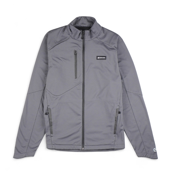 Mercury Marine OGIO Performance Soft Shell Jacket gray front view with chest logo and waterproof zipper