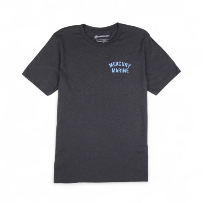 Mercury Marine Script Tee front view in black with blue chest logo