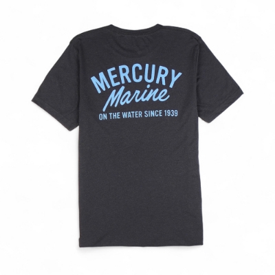 Mercury Marine Script Tee front view in black with blue chest logo