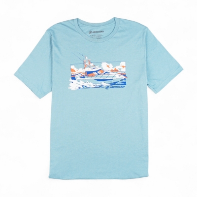 Mercury Wide Open Tee in seafoam with offshore fishing boat graphic